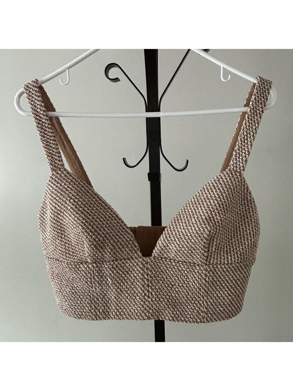 L’AGENCE Castalia Knit Bra Top, Tan/Ivory, Size Large.